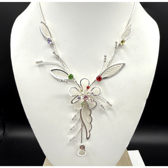 Floral Necklace 18in Multicolor Crystal Flower Silver Tone Mesh Leaves Fairycore - Picture 2 of 10